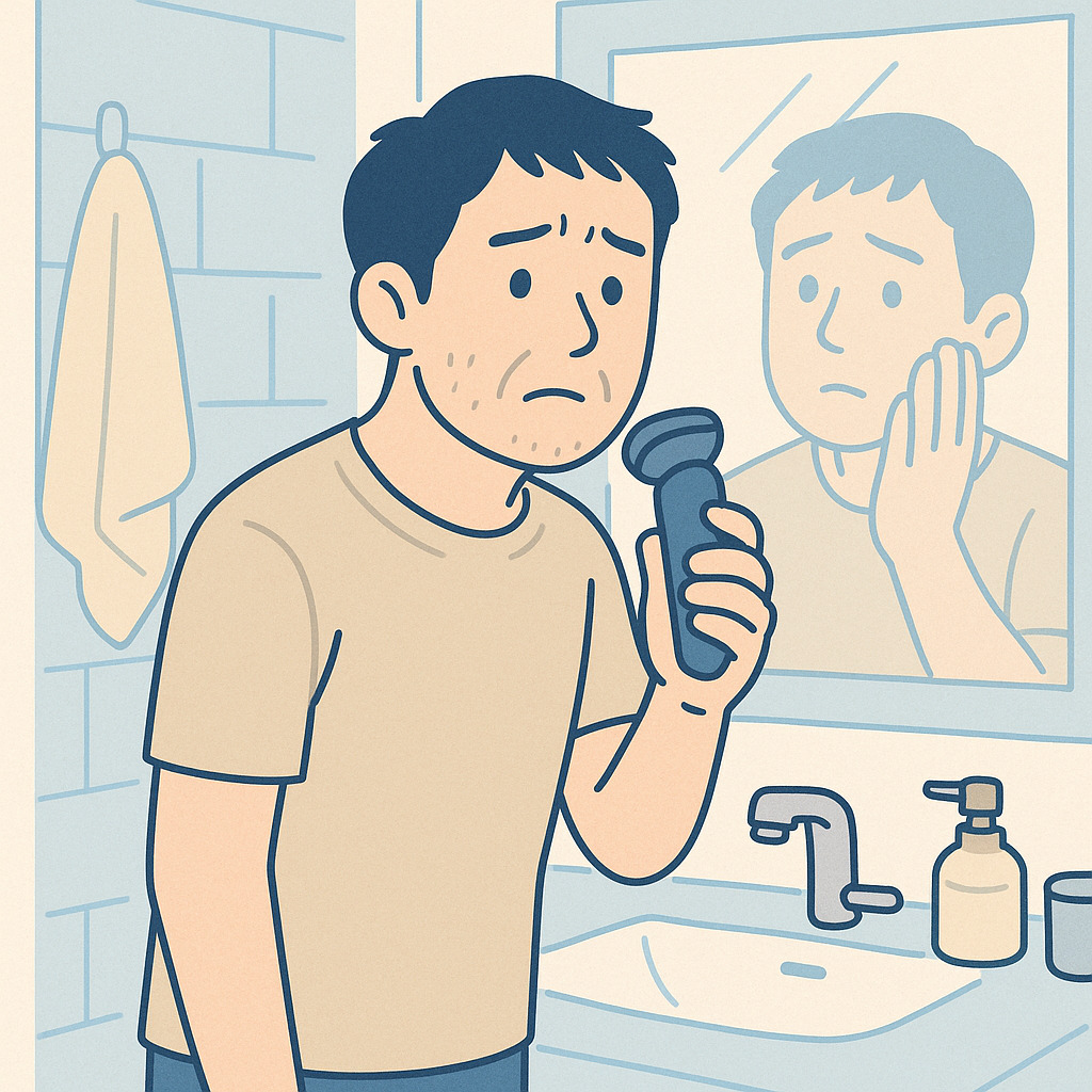 朝の洗面所でヒゲ剃りに悩む男性